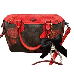 Coach F25870 Rowan Satchel Signature Canvas with Red Leather Trim & Rose Print